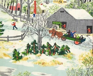 Vintage GRANDMA MOSES "EARLY SPRINGTIME ON THE FARM" Barkcloth Fabric 22" X 15" - Picture 1 of 2