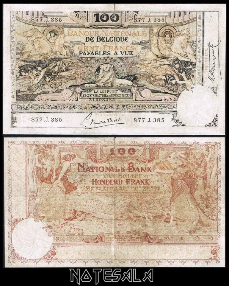 BELGIUM 100 FRANCS 1919 Pick-78 S/N 877.J.385 Circulated *SCARCE* - Image 1 of 1