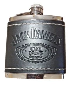 Jack Daniels Antiguo Nº 7 Marca Acero Inoxidable Cuero Negro Envuelto Frasco de Cadera - Imagen 1 de 3