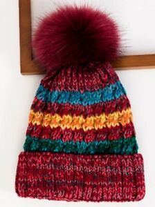 Pom beanie colorful stripes thick cable knit chunky snow winter hat fleece lined