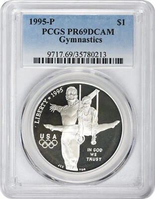 1995-P Gymnastics Olympic Silver Commemorative Dollar PR69DCAM PCGS Proof 69 DC - Image 1 of 2
