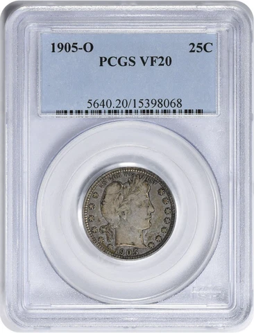 1905-O Barber Silver Quarter VF20 PCGS Cover