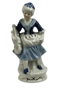 Vintage Figurine Colonial Blue & White Ceramic Woman With Violin 7 1/2" - Picture 1 of 6