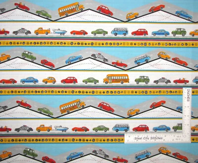 Car Bus Boat Truck Going Places Stripe Cotton Fabric Blank Textiles By The Yard - Image 1 of 2