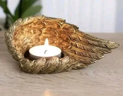 Gold Angel Wing Tea Light Holder Single Lowered Wing 13.5cm  - Image 1 of 4