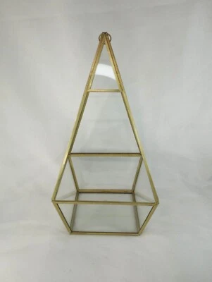 Brass Geometric Glass Terrarium Triangle Hanging Table Clear Display Case India - Image 1 of 3