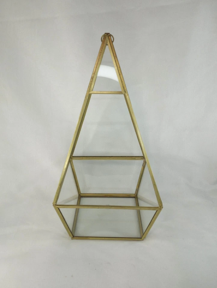 Latón Geométrico Vidrio Terrario Triángulo Mesa Colgante Transparente Vitrina India Foto 1 de 3