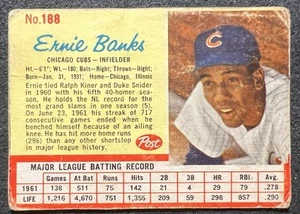 1962 POST CEREAL ERNIE BANKS (CUBS) #188 WRITING ON BACK - Picture 1 of 2