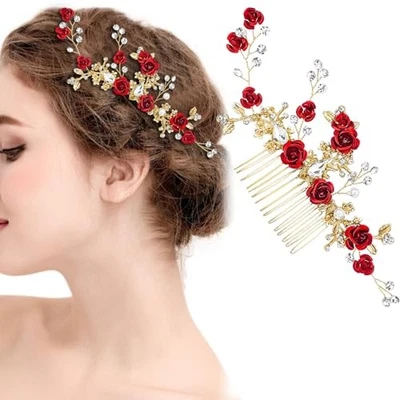 Red Flower Hair Comb Gold Rose Crystal Bridal Side Combs Floral Rhinestone  - Image 1 of 4