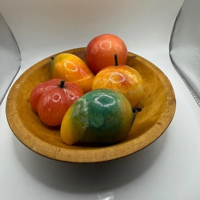 Wooden Dough Bowl with Alabaster Stone Fruit Still Life Farmhouse Decor - Image 1 of 4