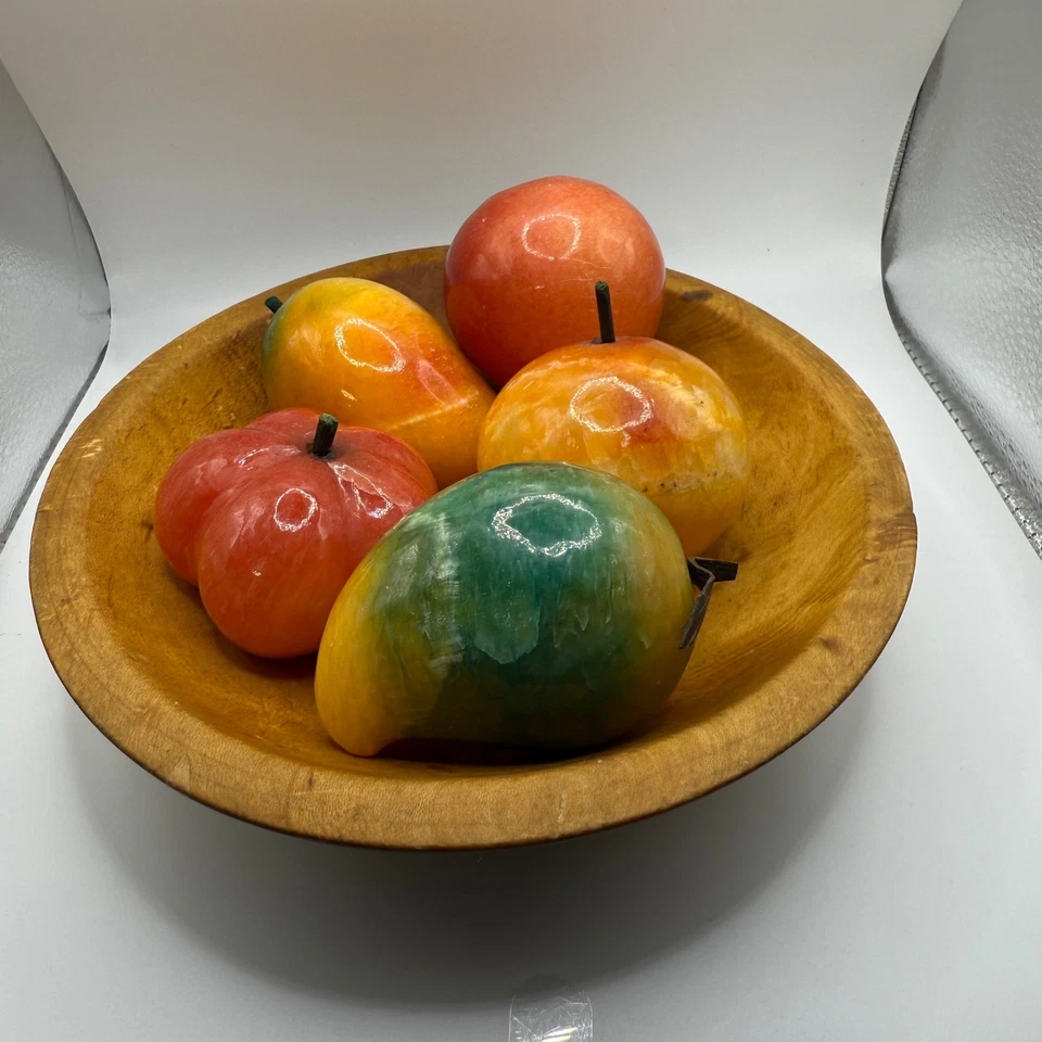 Wooden Dough Bowl with Alabaster Stone Fruit Still Life Farmhouse Decor - Image 1 of 4