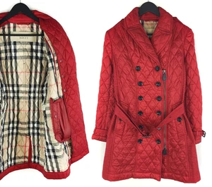 Womens Burberry Brit Red Quilted Trench Coat Tartan Belted Jacket Overcoat Siz M - Picture 1 of 23