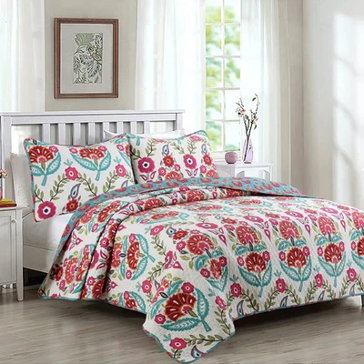 Cozy Line Santa Barbara Floral Print Reversible Cotton Quilt Red, Green, Off Whi - Image 1 of 4