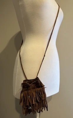 Overland Genuine Brown Leather Fringe Crossbody Purse Pouch Bohemian - Cowboy  - Image 1 of 4