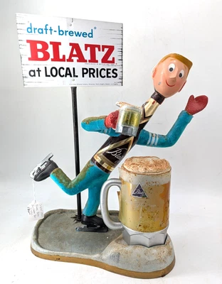 Letrero original de patinador sobre hielo Blatz Beer de colección de los años 50 con figura de exhibición de barra de postes  Foto 1 de 4
