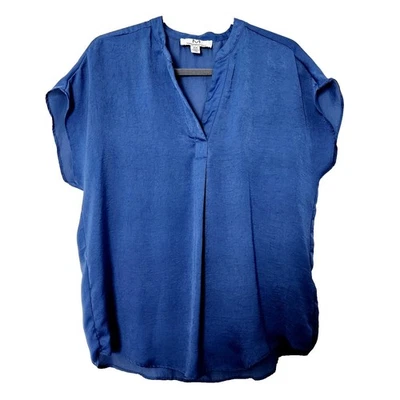 Blusa Magaschoni azul gola V manga curta feminina média top - Imagem 1 de 3