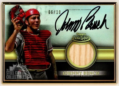Tarjeta automática Johnny Bench 2019 Topps Gold Label Golden Greats enmarcada reliquia 06/10 Foto 1 de 2