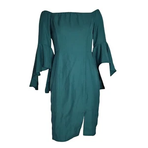 VENUS Solid All Green Zip Back Ruffle Sleeve Pencil Dress Womens Size 6 - Picture 1 of 7