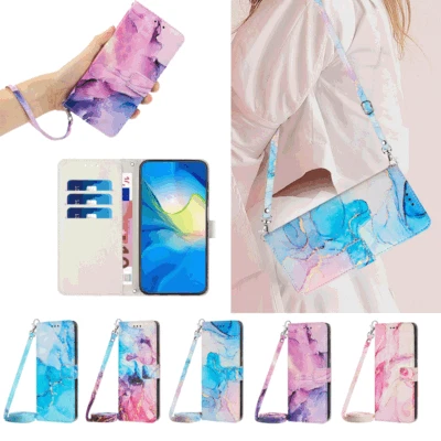 Marble Leather Flip Wallet Case For iPhone 14 13 12 11 Pro Mini 8 SE with Straps - Image 1 of 4