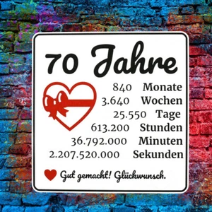 70 Jahre Schild mit Zeitzahlen zum Jubiläum Geburtstag Gnadenhochzeit Jahre - Bild 1 von 1