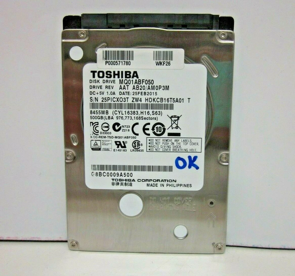 DISCO DURO SATA 2.5" TOSHIBA 500GB MQ01ABF050 REV AAT AB20/AM0P3M 25FEB2015 - Imagen 1 de 1