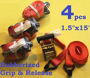 4PC 1-1/2" x 15 ft Heavy Duty Ratchet Cargo Tie Down Straps 3000lbs Dual J-Hooks - Picture 1 of 6