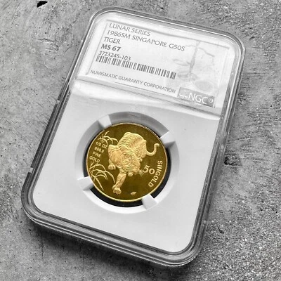 1986 Singapore Lunar Series Year of Tiger Gold 1 /2 oz Gold 50 Singold NGC MS 67 - Image 1 of 2