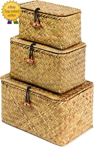Set of 3 Wicker Storage Basket Bin with Lid - Large Handwoven Natural Seagrass S - Picture 1 of 12