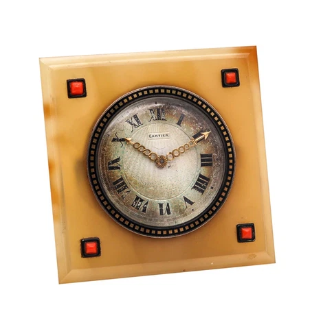 Cartier Paris 1925 Art Deco Enamel Desk Clock In 18Kt Gold Agate And Coral Cover