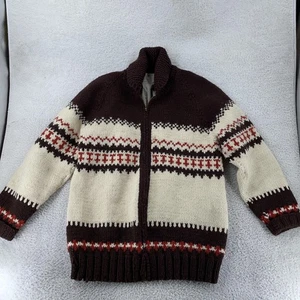 Fair Isle Wool Full Zip Sweater Mens XL Brown Cream Lined Chunky Knit Raglan - Picture 1 of 10