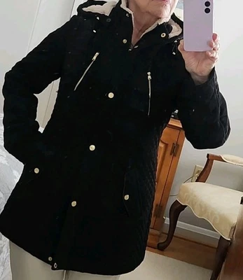 Laundry by Shelli Segal Hooded Quilted Coat Mid Thigh Black Detach Hood sz M - Imagem 1 de 4