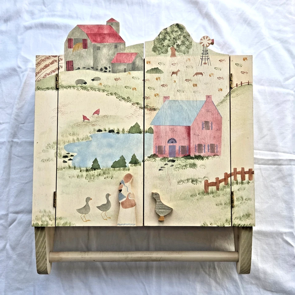 Gabinete de pared de madera pintado a mano diseño de granja arte popular firmado 1988 de colección Foto 1 de 4