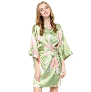Satin Floral Green Japanese Kimono Pajamas Sleepwear Bathrobe XXL - Picture 1 of 1