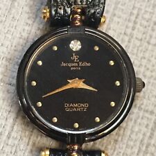 Jacques Edho Paris Diamond Quartz Wristwatch 18K Gold Plate Black Leather Band 