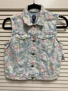 NWT Gap Kids Girls Denim Vest XXL 14-16 Floral Sleeveless Jean Jacket Button - Picture 1 of 18