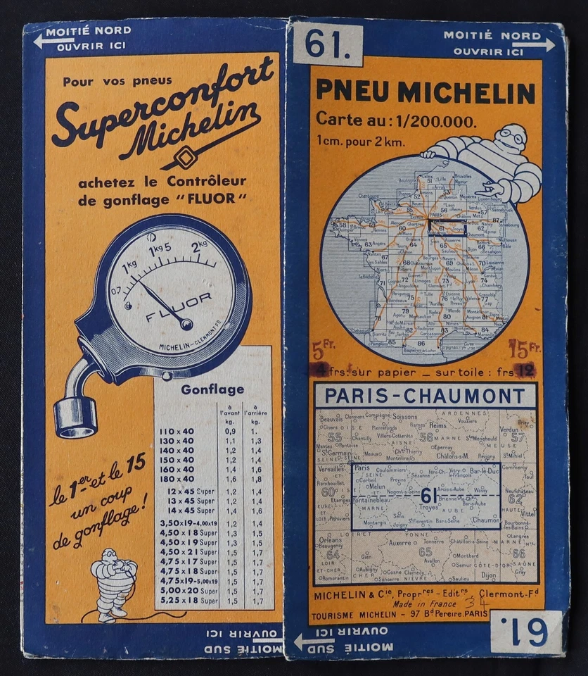 Tarjeta MICHELIN 61 PARIS CHAUMONT 1934 Guía Bibendum neumáticos mapa - Imagen 1 de 1