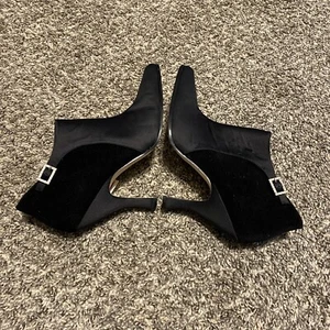 Sam & Libby Heel Ankle Boot Booties Sz 8.5 Black Suede Fabric Leather Sole - Picture 1 of 12