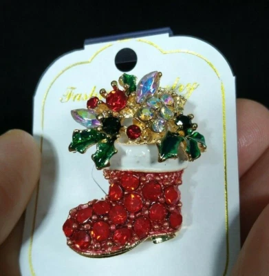 Stocking Boot Crystal Rhinestone Christmas Brooch Pin with Gold Bag - Image 1 of 4