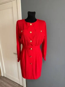 Rare Valentino Red Wool Gold Button Dress Size M - Picture 1 of 13