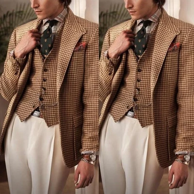 Ternos masculinos britânicos Kahki Houndstooth pico lapela smoking casamento formal 3 peças - Imagem 1 de 4