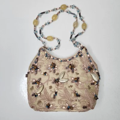 Vintage Mary Frances Boho Retro Embroidered Beaded Small Purse Tan Embellished - Image 1 of 4