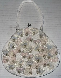 Vintage Bag Clutch Evening Purse Handbag Formal White Seed Bead Heart Pink Blue - Picture 1 of 5