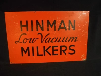 Letrero de hojalata publicitario Hinman ordeñadores de bajo vacío granja lechera, 16" X 10", ca 30s-40s Foto 1 de 4