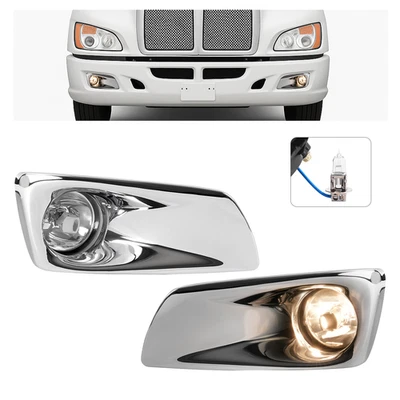 Pair Fog Lights W/Chrome Fog Lamp Bezel Cover For Kenworth T660 2008-2015 LH&RH - Image 1 of 4