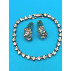 Vintage Rhinestone Bracelet and Earrings Jewelry Set Silver Tone - Picture 1 of 8