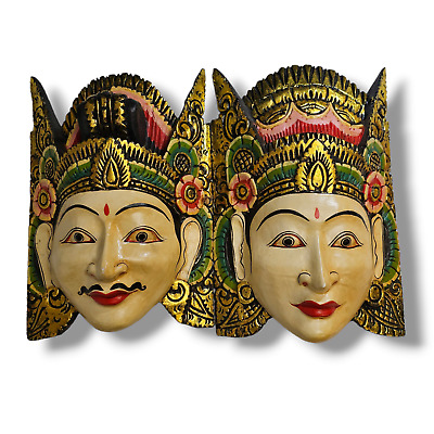 Vintage Rama & Sita Masks Hand Carved Wood GOLD Art Mask Indonesia Pair • 128.26$