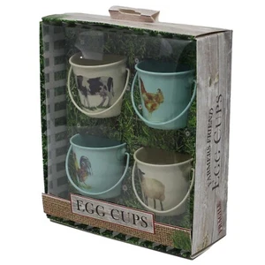 Set of 4 Metal Farm Friend Bucket Design Cockerel Handle Boiled Egg Cups Buckets - Picture 1 of 2