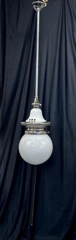 Antique Vtg Industrial Pendant Gas Lamp Street Light Porcelain Enamel Milk Glass Cover