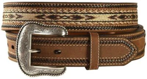 Nocona Western Mens Belt Leather Buckstitch Ribbon Center Brown - Picture 1 of 2