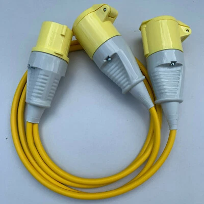 16 amp Plug to 2 x 16 amp Sockets 110v 2 Way Y Cord Splitter Lead Hook Up YELLOW - Image 1 of 4